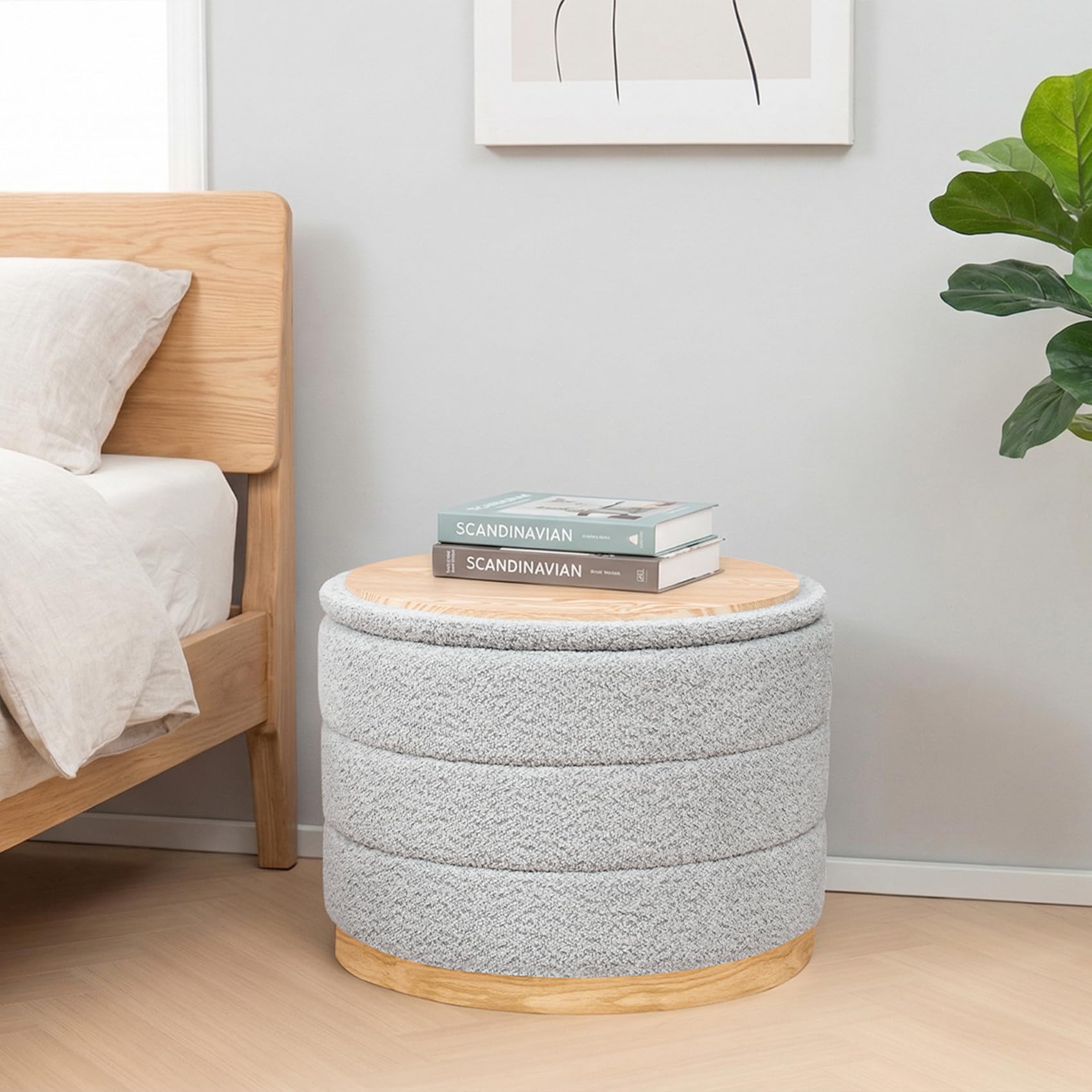 PINPLUS Runder Chenille Sitzhocker mit Stauraum, 2-in-1 Couchtisch & Fußhocker, klappbarer gepolsterter Hocker für Wohnzimmer, Schlafzimmer & Flur, 58 x 58 x 44 cm, Silbergrau