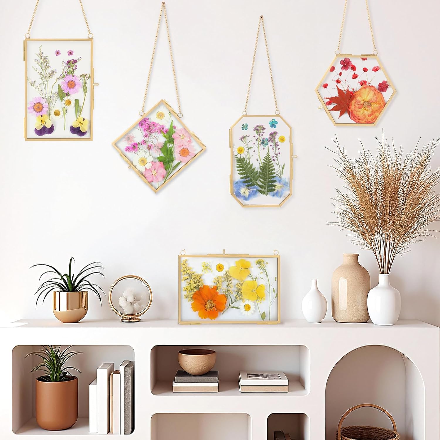5 Pcs Double Glass For Pressed Flowers,Clear Brass Embossed Frame With Tweezers,Can Be Used For Dried Flower Plant Photo Postcards Wall Mounted Glass Pressed Flower Frame(Excluding Dried Flowers)