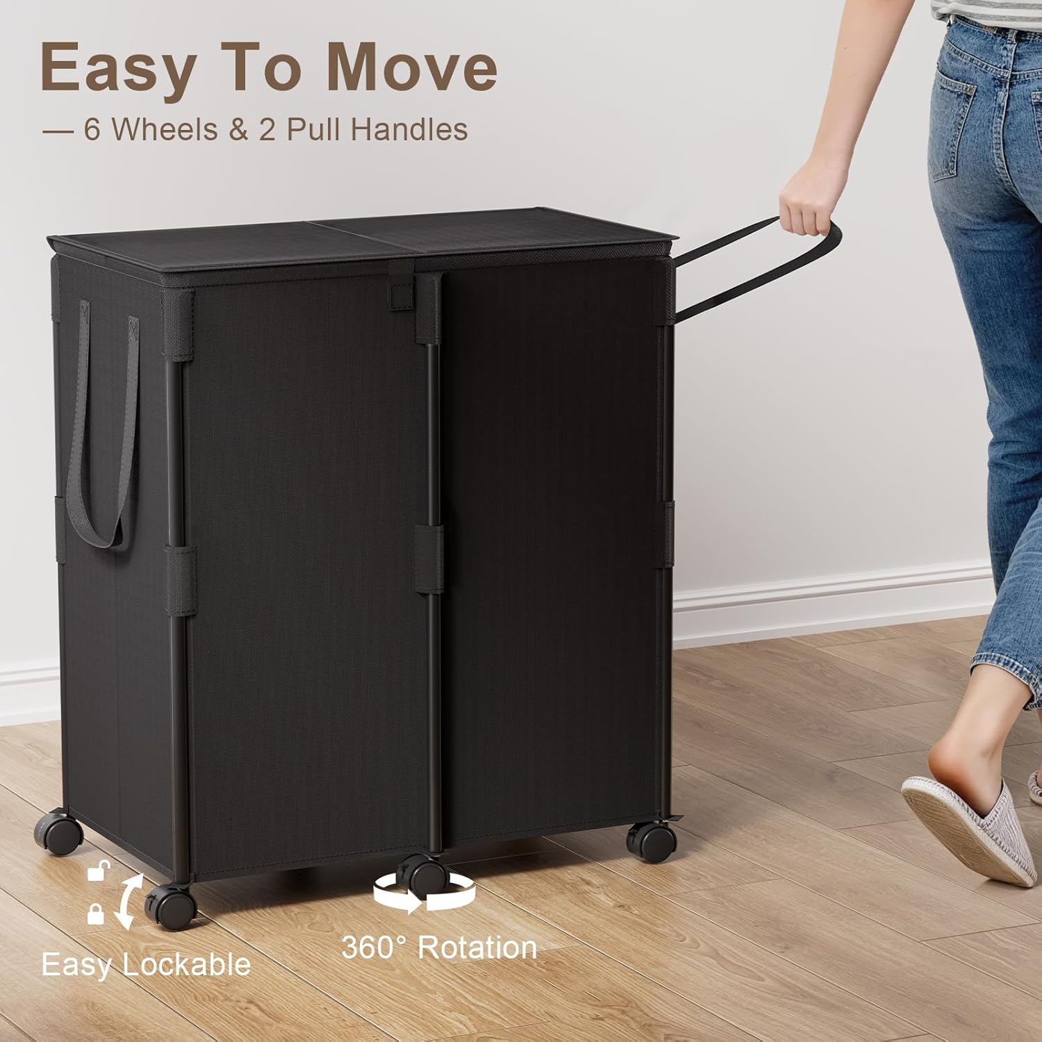 Chrislley 140L Large Double Laundry Hamper with Lid and 6 Wheels, Rolling Laundry Basket with 2 Removable Bags, Heavy Duty Metal Frame Laundry Cart, Dirty Clothes Hamper for Bathroom, Bedroom (Black)