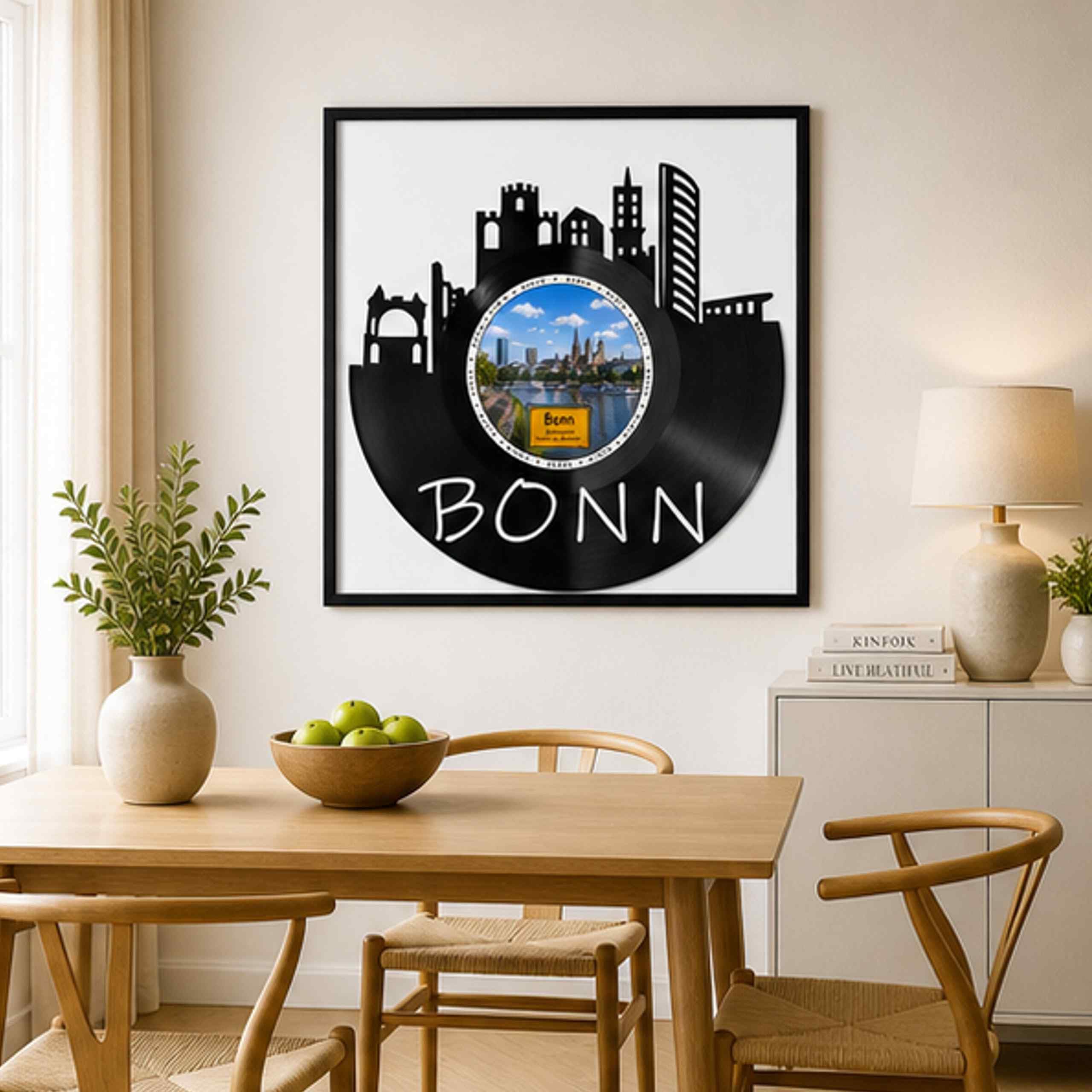 EVEVO Bonn - Decorazione da parete in vinile, con cornice, 32 x 32 cm, motivo: città federale, regalo per gli amanti della musica