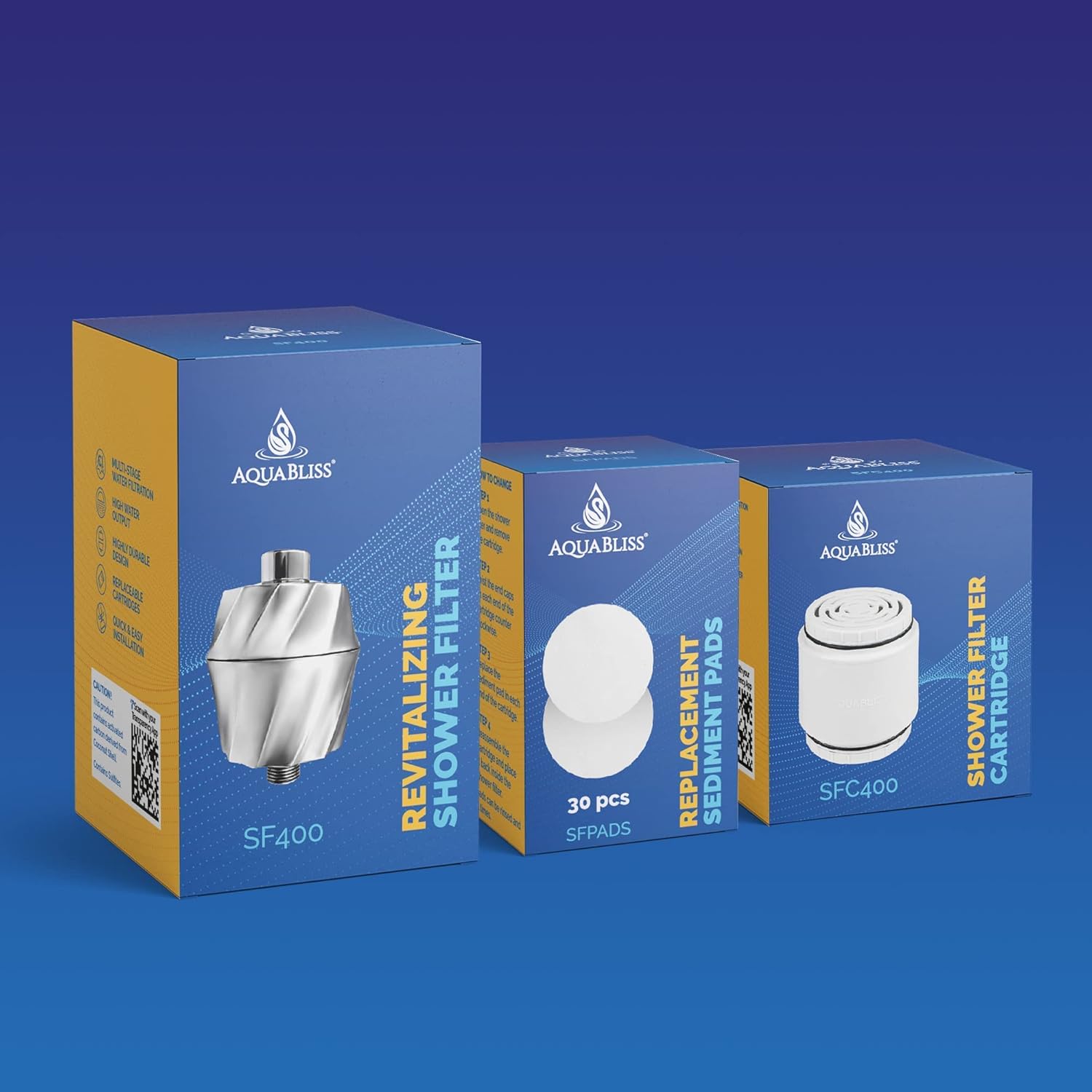 AquaBliss SF400 HD Revitalizing Shower Filter w/an Extra SFC400 Filter Cartridges & 30pc Pack of Sediment Pads (Exclusive Bundle)
