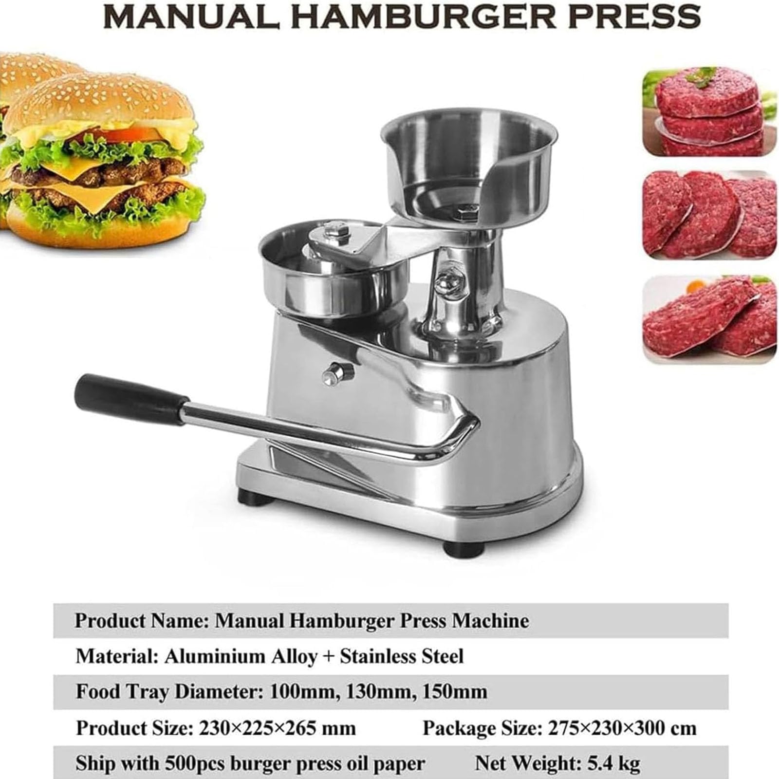 Kommerzieller Burger-Patty-Maker, robuste Edelstahl-Burgerpresse mit 500 Patty-Papieren für Rind, Schwein, Huhn – Größen 10,2 cm, 12,7 cm, 15,2 cm