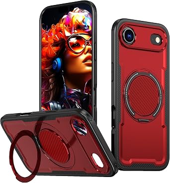 for iPhone 17 Air Case with 360Adjustable Stand - 16FT Drop Protection,Compatible with MagSafe Accessories,Shockproof Anti-Fingerprint Scratch-Resistant for iPhone 17 Air Cover 6.5 Inch,Red