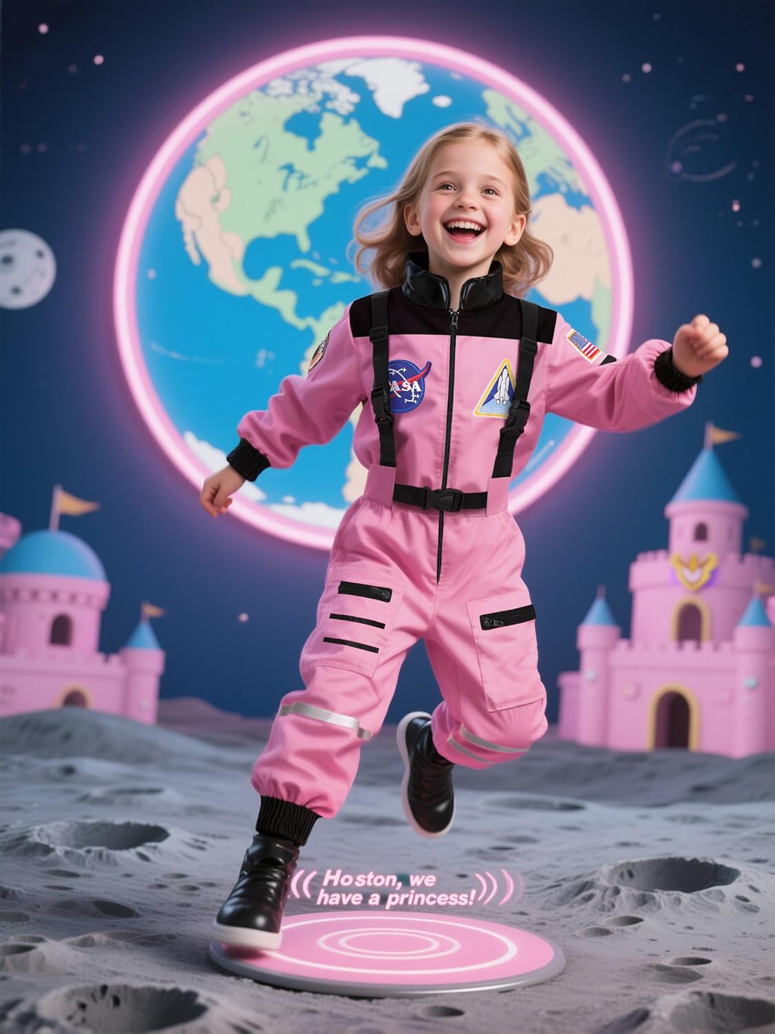 Astronaut Costume for Girls Space Outfit with Pink Hat for Space Pretend Halloween Party - Image 2