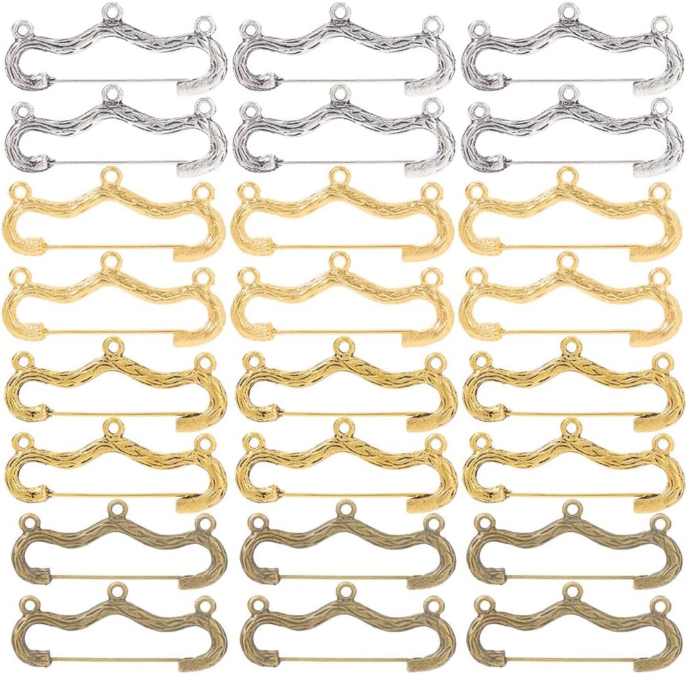 SUNNYCLUE 1 Box 32Pcs Heavy Duty Safety Pins Kilt Pins with 3 Loops Tibetan Style Alloy Brooches Antique Silver Bronze Vintage Brooch Findings for Jewelry Making DIY Crafts Clothes Blankets Skirts