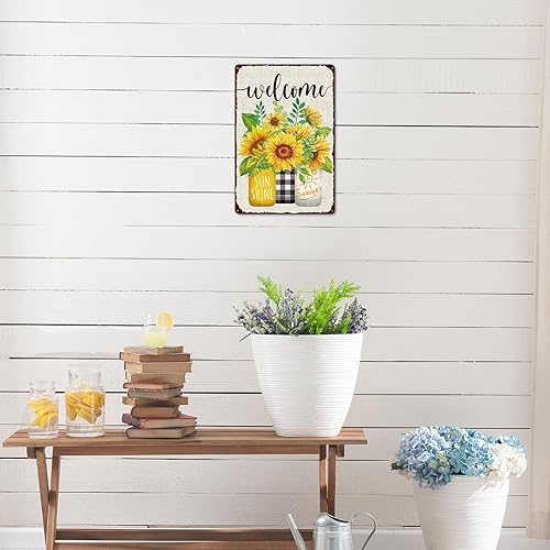 Miniatura 4 de Whaline Letrero retro de hojalata de verano, letrero de metal, hojas de girasol, decoración de pared, adornos florales de bienvenida, letrero de