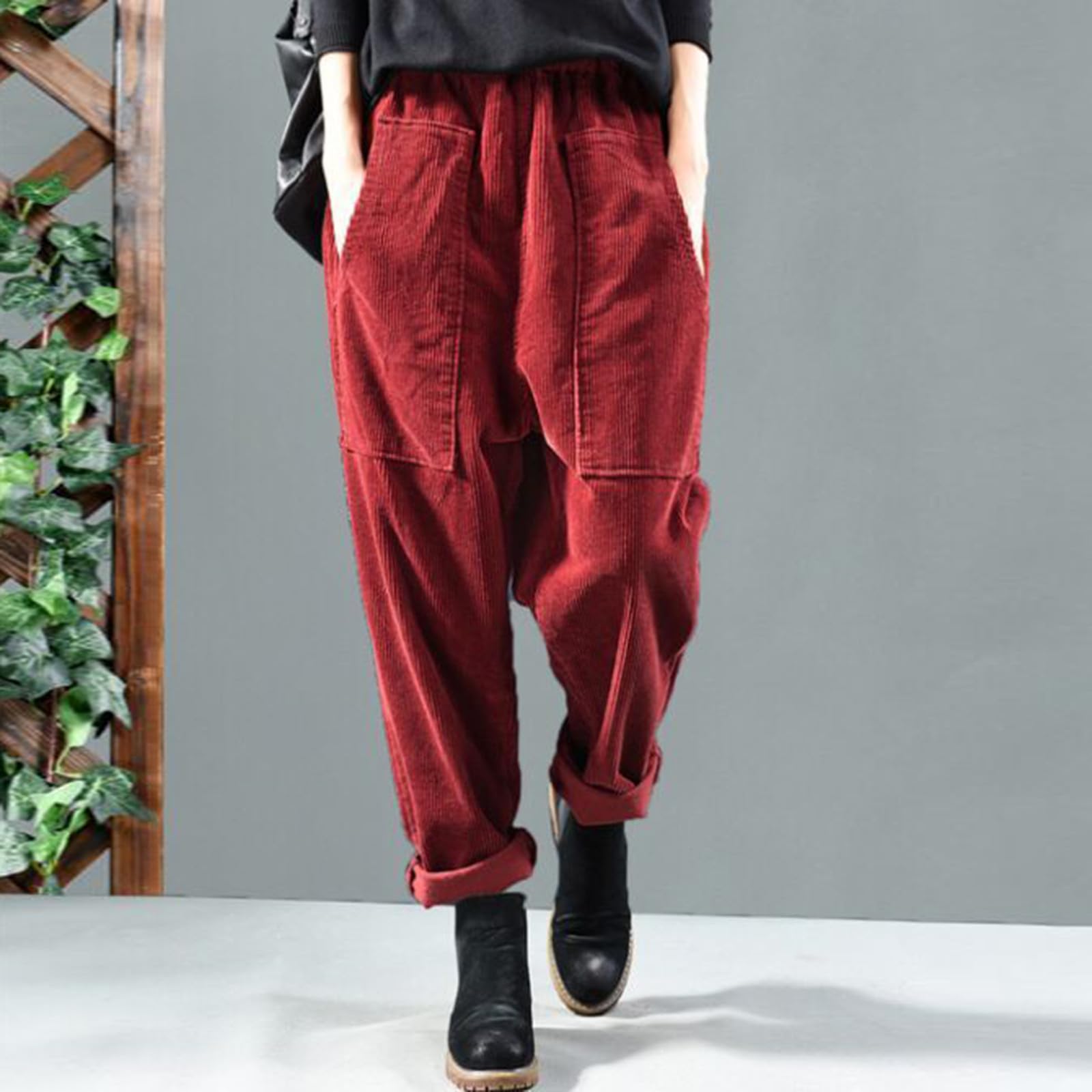 Weite Winterhose Damen Cord, Freizeithose Bequeme Tapered Fit Cordhose