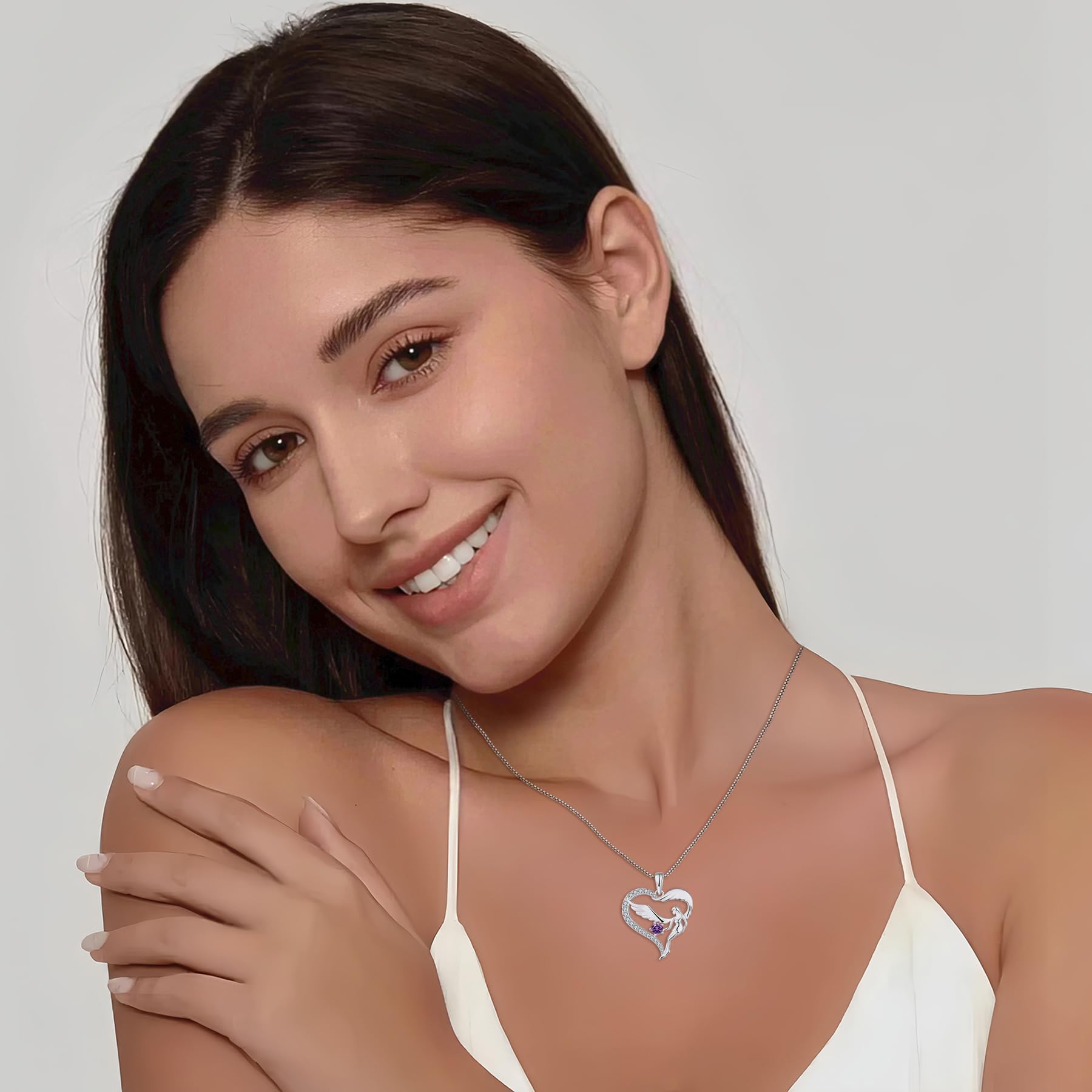 FJ Herz Schutzengel Halskette Damen 925 Sterling Silber Engelsflügel Kette Anhänger Geburtsstein Zirkonia Halskette Schmuck Geschenke für Frauen Mädchen