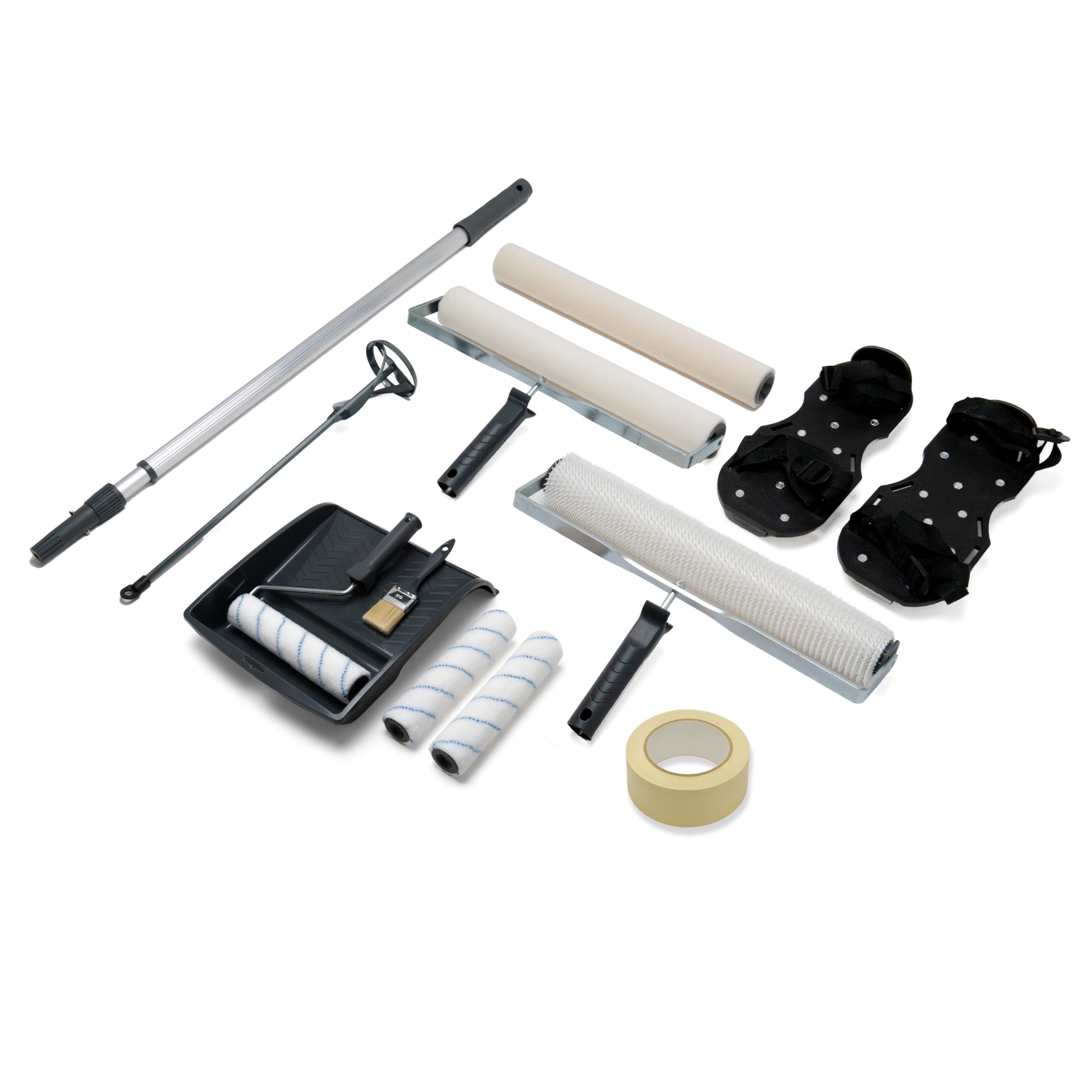 Epoxidharz Bodenbeschichtung Werkzeug Set 8tlg, Bodenfarbe Verarbeitungswerkzeug Kit | 40cm Entlüftungsroller und Bodenwalze | Rührquirl | Farbwanne | Lackierroller | Pinsel | Nagelschuhe