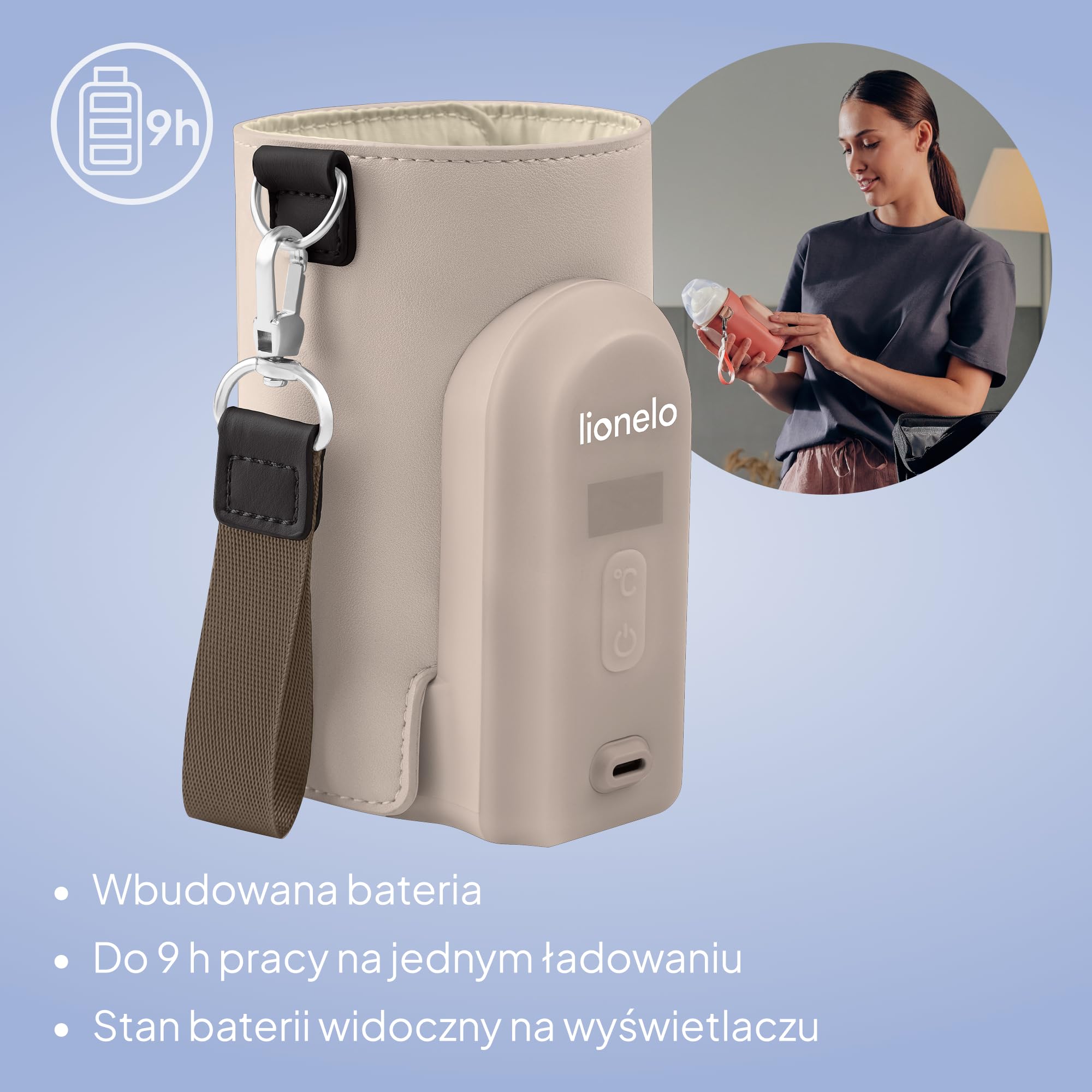 LIONELO Thermup Go EVO przenośny podgrzewacz do butelek, utrzymuje ciepło płynów, 5 temperatur roboczych od 38 do 50°C, ładowanie przez USB-C, do 9 godzin pracy, wyświetlacz LCD