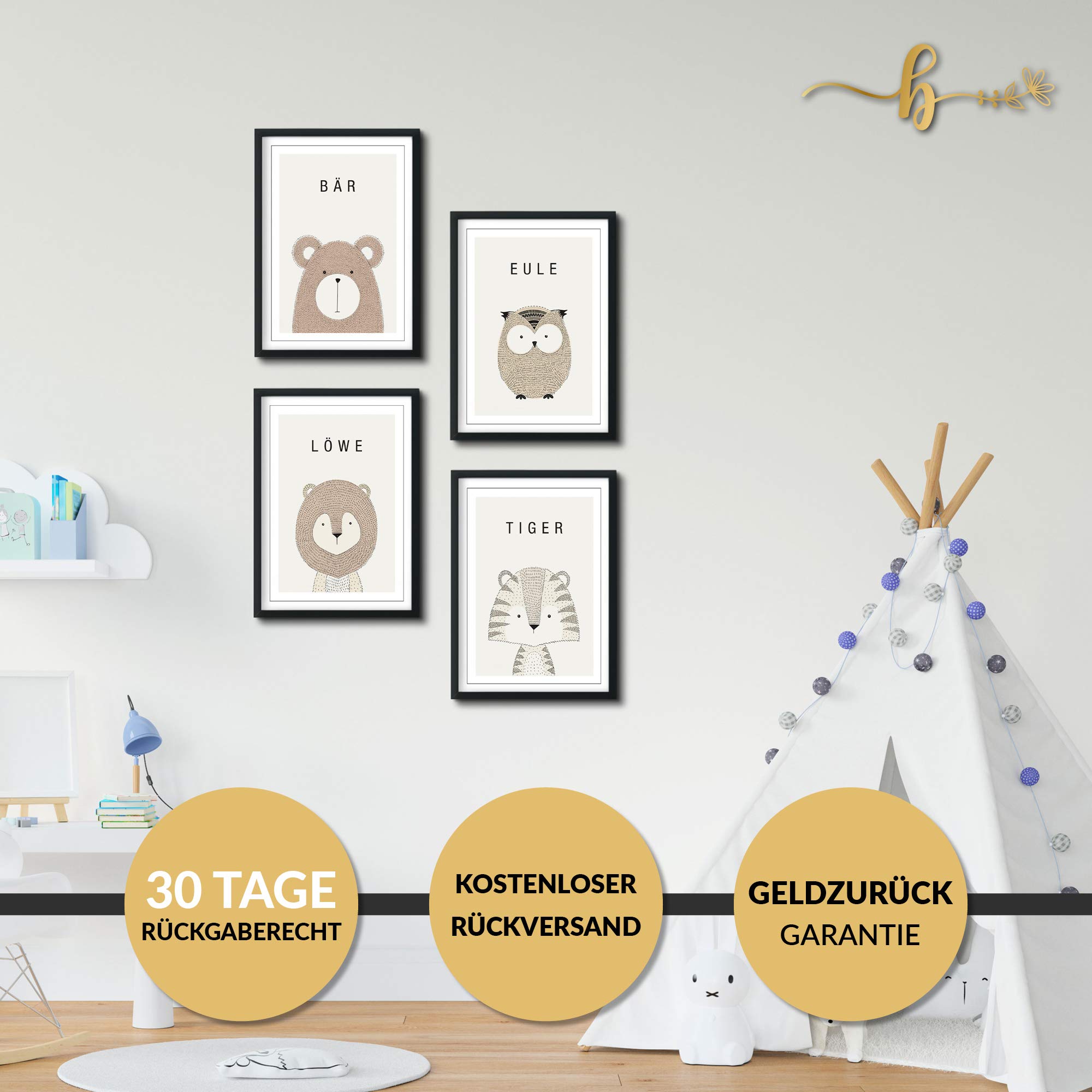 bilderreich Juego de 4 pósteres decorativos para habitación de bebé, niño o niña, cuadro infantil para la pared, 4 imágenes enmarcadas en marco de madera negro, 4 x DIN A4, animales