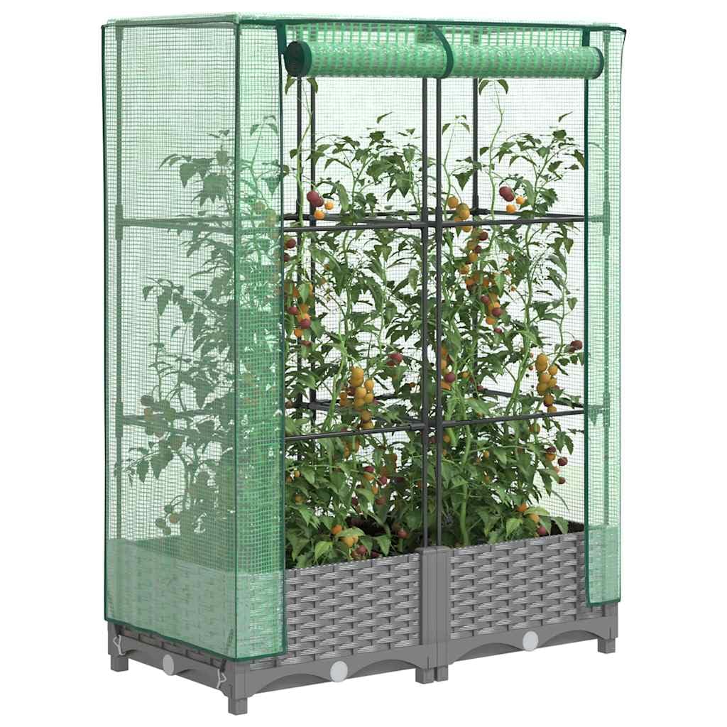 Arriate Elevado con Cubierta de Invernadero y Armazón de Hierro, Diseño de Ratán para Plantas, Verduras y Hierbas, Incluye Cremalleras de Ventilación y Cuerdas de Sujeción