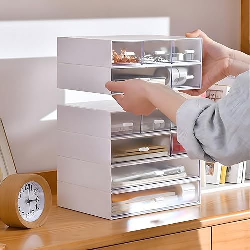 Miniatura 6 de OSteed Organizador de escritorio con 5 cajones, caja de almacenamiento de escritorio apilable de plástico para colección del hogar, cosméticos,