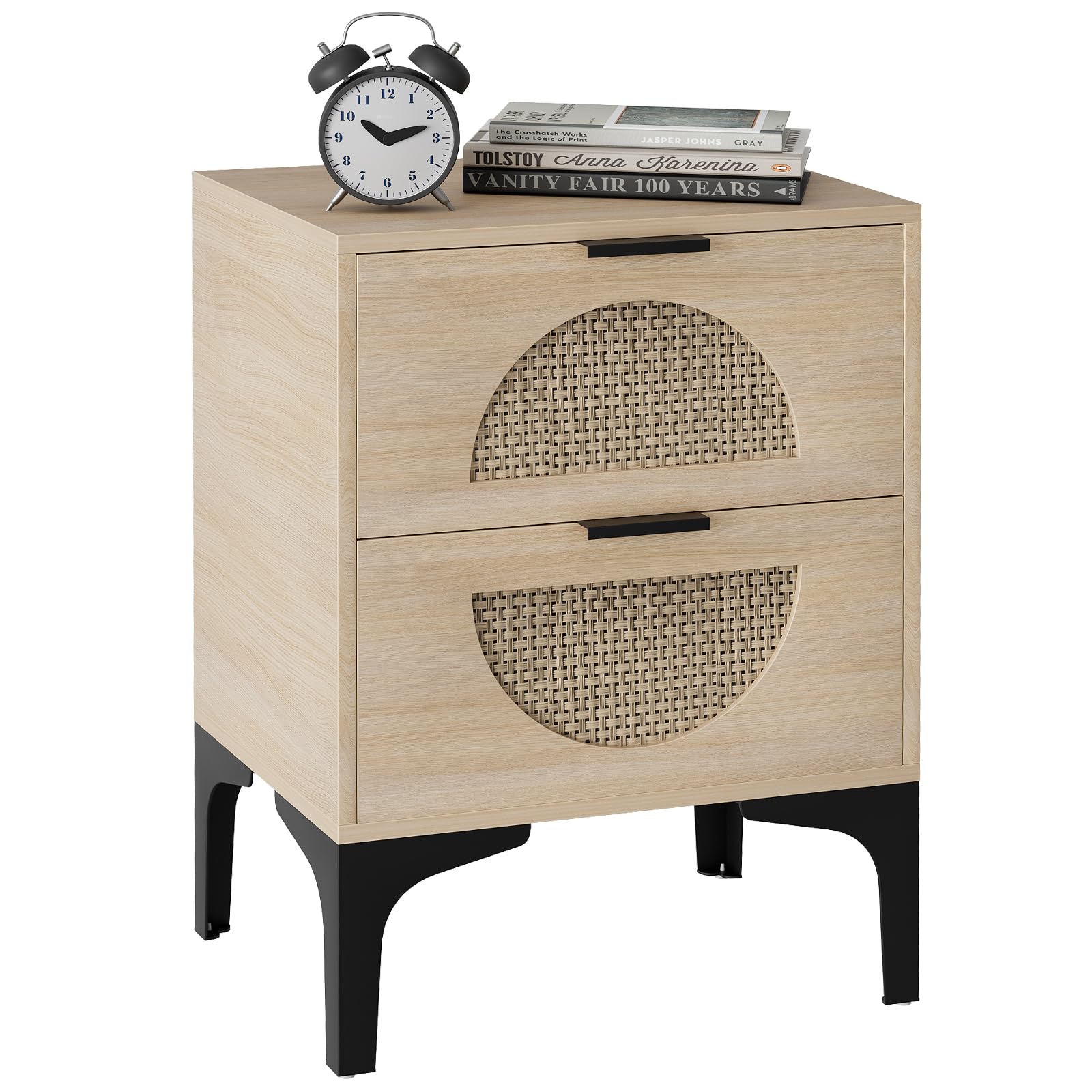 2 Pezzi comodino in rattan con 2 cassetti, Tavolini da comodino in stile bohemien con gambe in legno massello Naturale