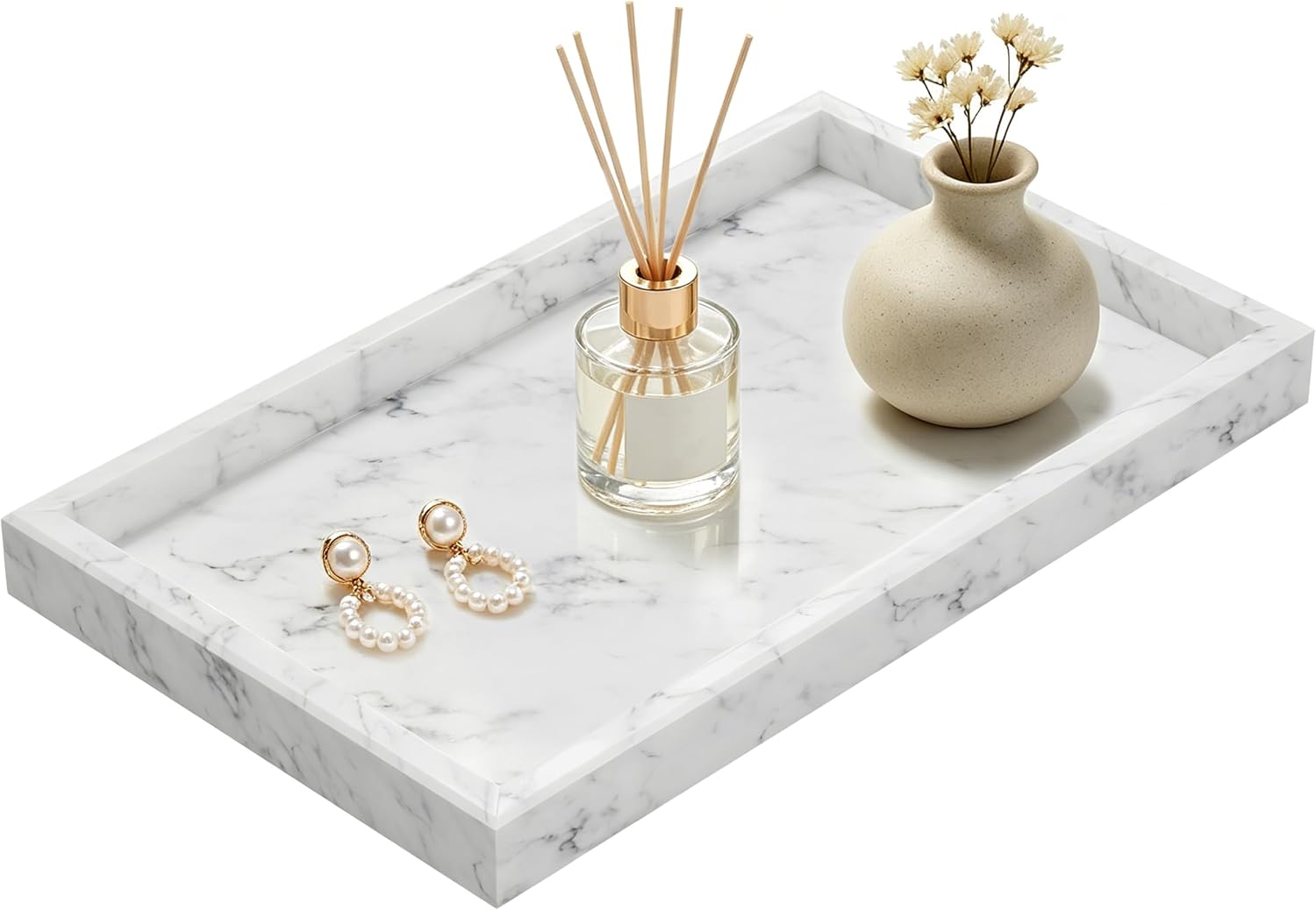 Natural Marble Bathroom Tray, Rectangular Decorative Vanity Tray, Marble Dresser Platter, Salver for Perfume Display, Jewelry Organizer, Home Decor, Carrara White, 11.8x7.9x1.2in