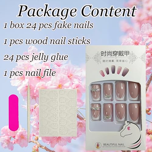 Miniatura 6 de 24 uñas postizas de punta francesa a presión, cuadradas, medianas, uñas blancas con purpurina, diseño de diamantes de imitación, uñas postizas de