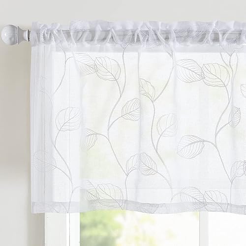 Topick Cenefa transparente blanca con diseño bordado de hojas, bolsillo para barra, dormitorio, sala de estar, cenefas de ventana, 1 panel de 18