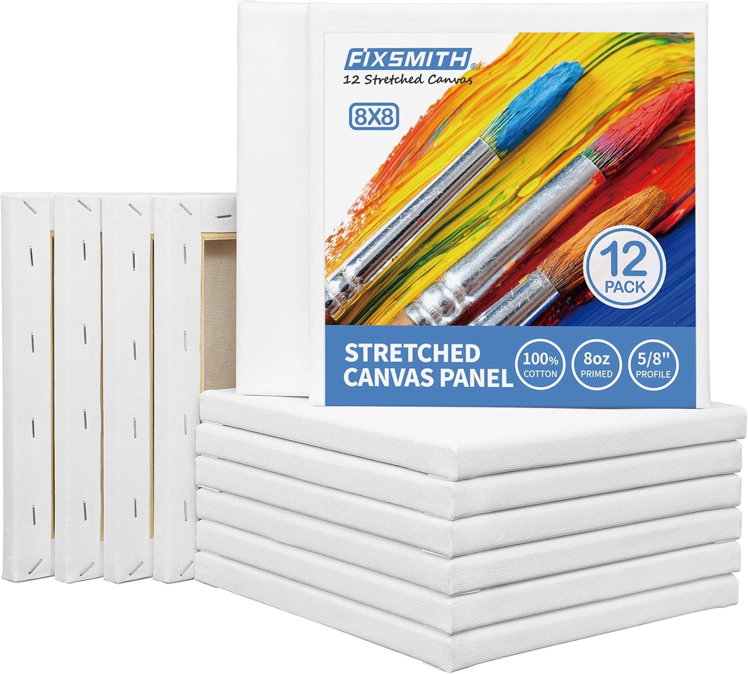 FIXSMITH 8x8 Stretched Canvas for Painting, Pack of 12,Primed Canvases