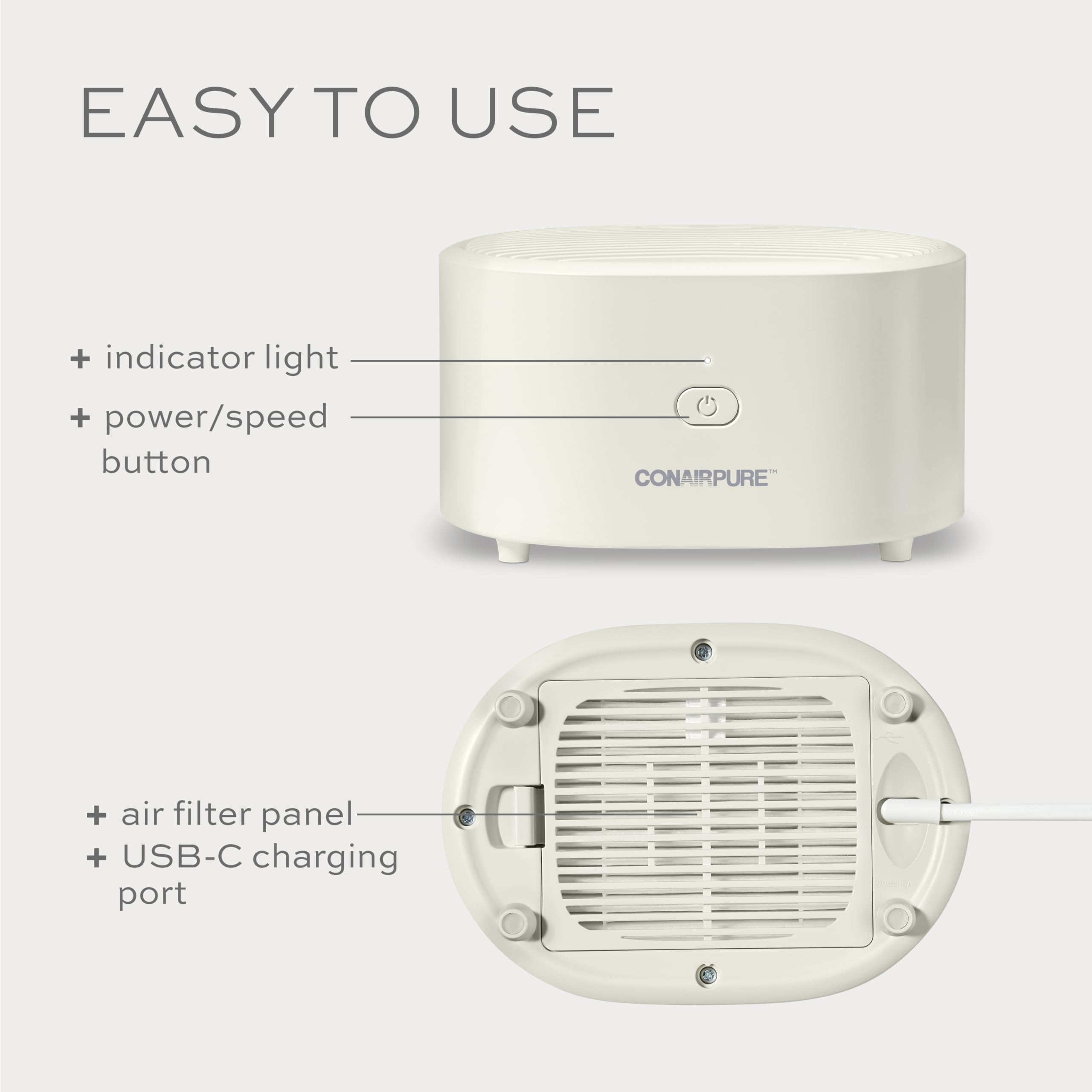 Conair Portable Small Air Purifier, Rechargeable Corded/Cordless, HEPA Air Filter, Allergy Relief, Dust, Pollen, Odor Control, Bedroom, Dorm Room, Small Room view 3