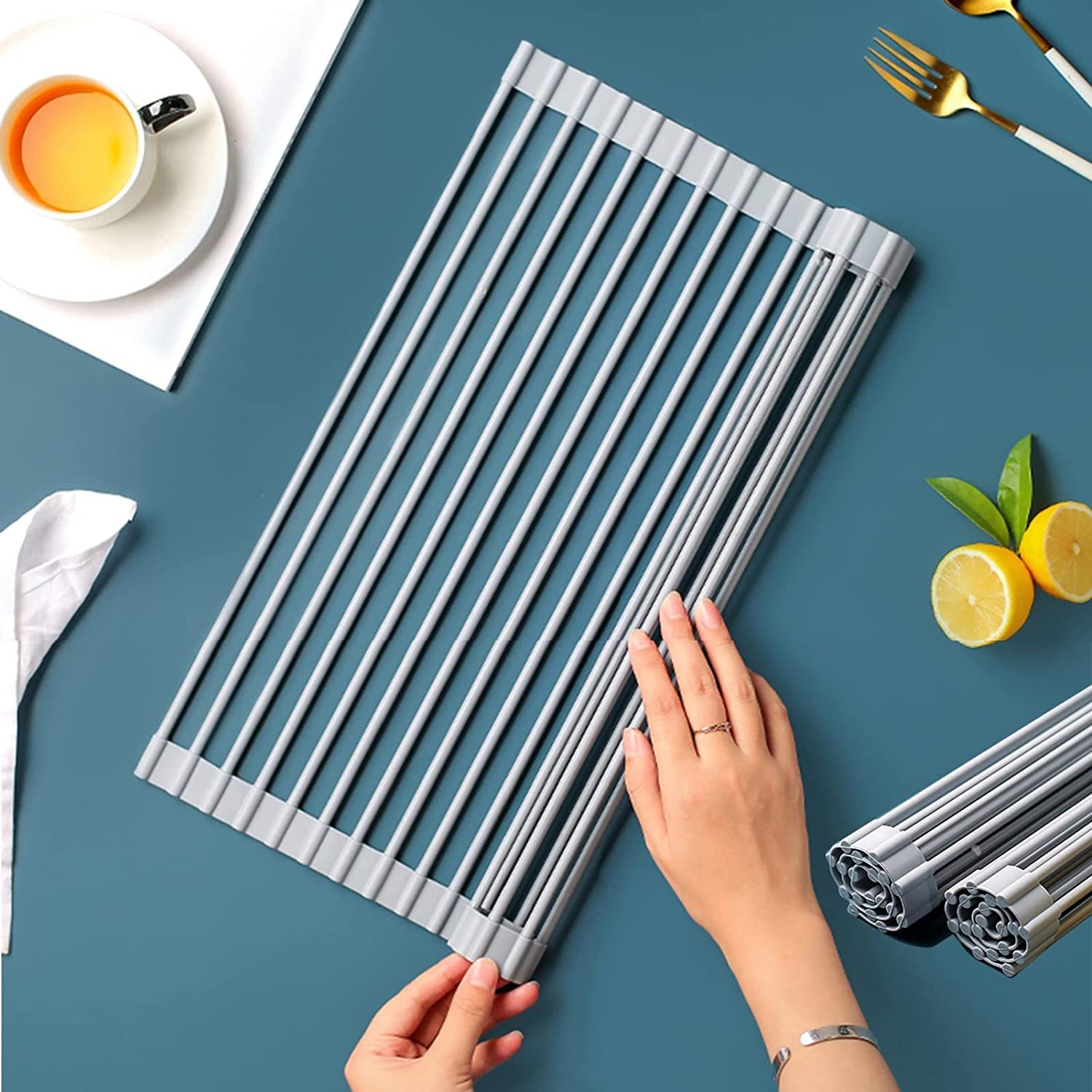 Rejilla de secado de platos plegable, Revestimiento de silicona sobre el fregadero Rejilla de secado de platos, Escurridor de platos antideslizante resistente al calor, para mostrador de fregadero d