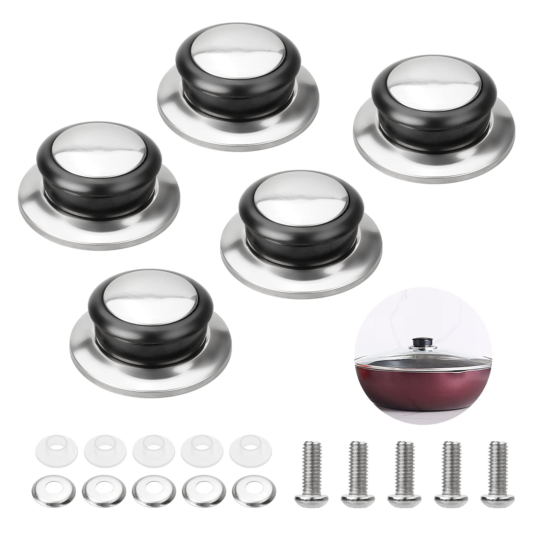 GNAFOTU [5Pack]Universal Pot Lids Handle Heat-Resistant Knobs, Stainless Steel Cookware Cover Pan Parts Set with Screws