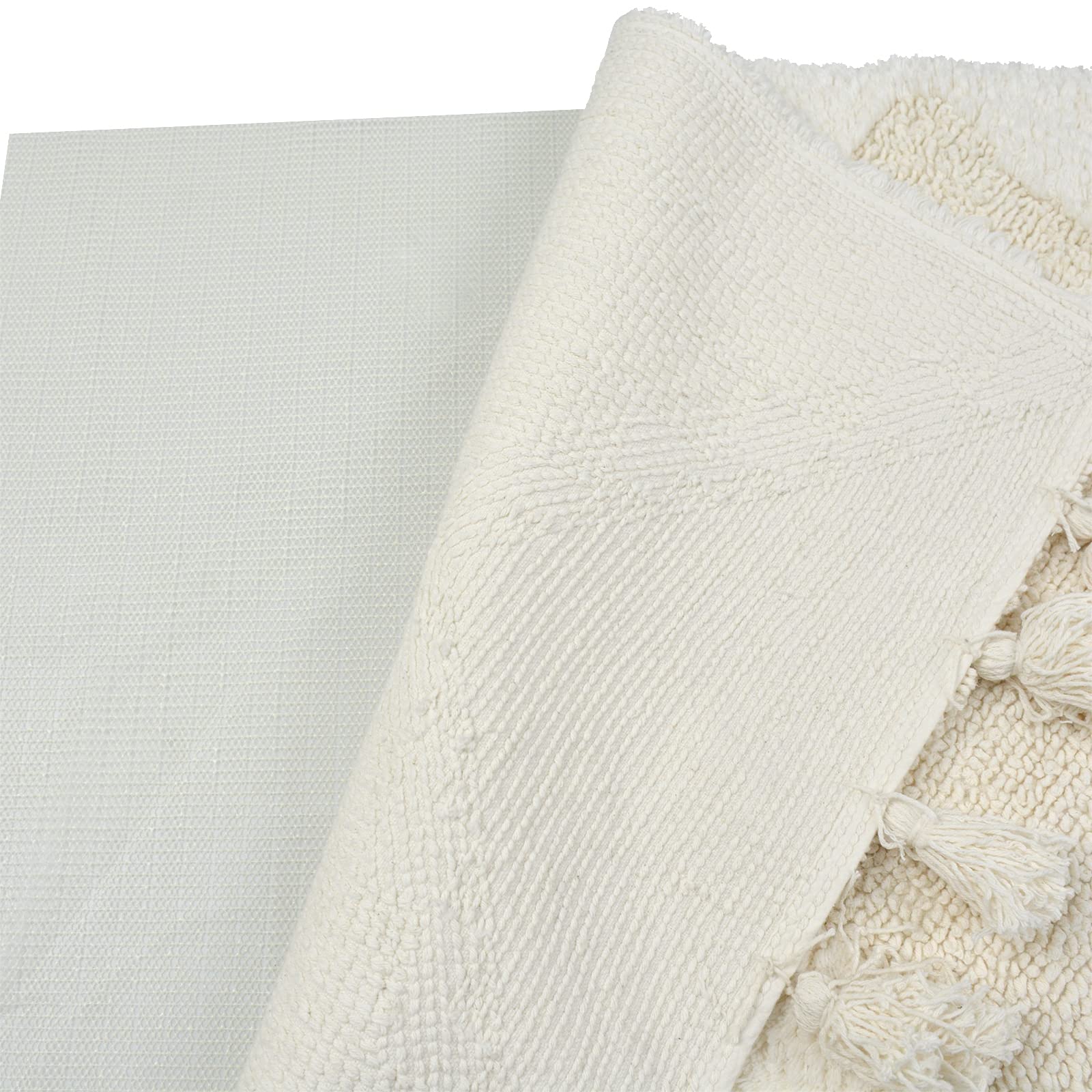 Boho Bathroom Rugs with Tassels, Cotton Bath Mat Hand-Woven Bohemian Rugs with Rug Non Slip Pad, Boho Bathroom Decor Washable Bath Rugs Carpet for Bathroom, Shower, Tub 20"x 32", Rectangle Cream