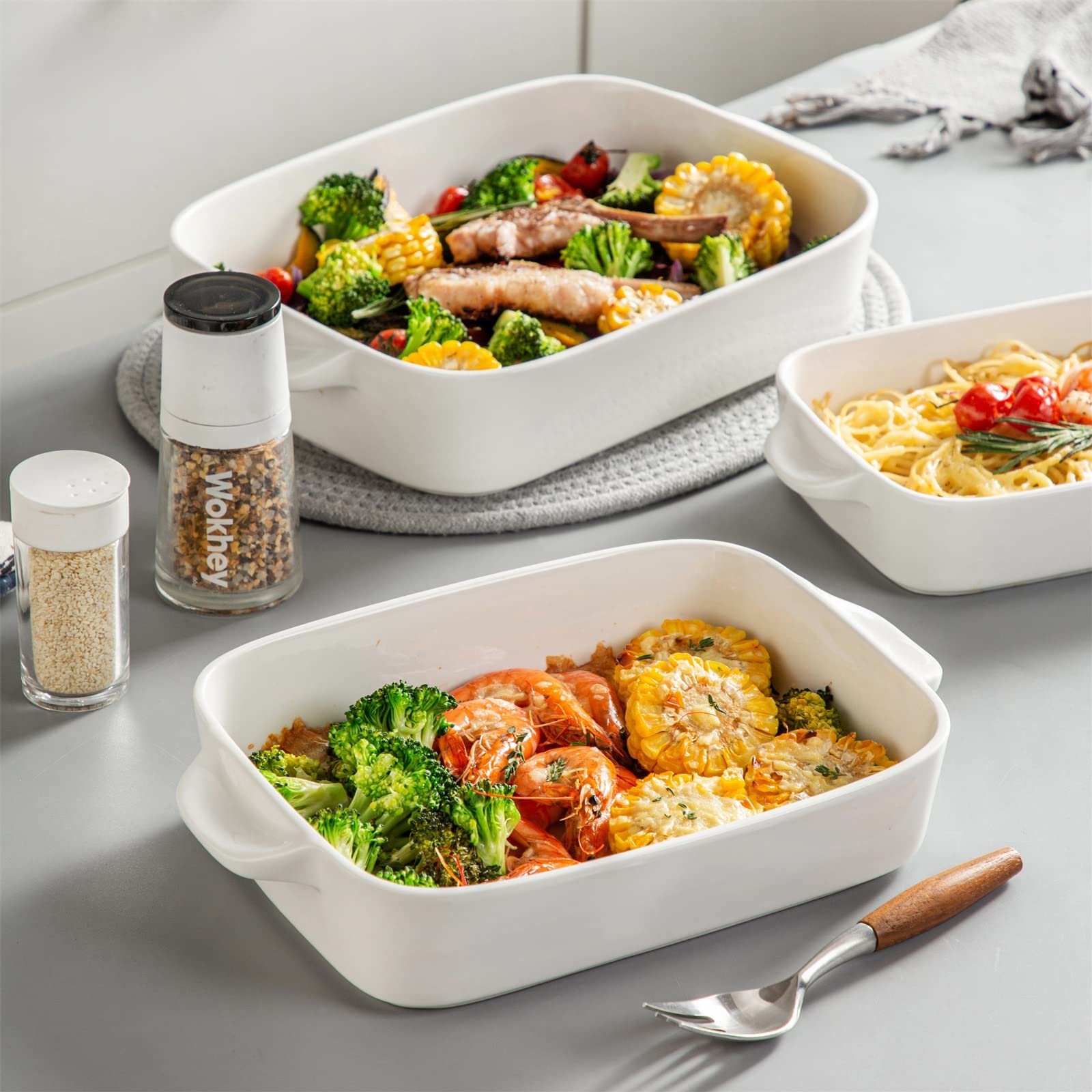 Formy do zapiekanek, biała patelnia do pieczenia, prostokątna, zestaw 3 misek do pieczenia z porcelanowymi uchwytami, idealna do lasagne, tiramisu i zapiekanek (B)
