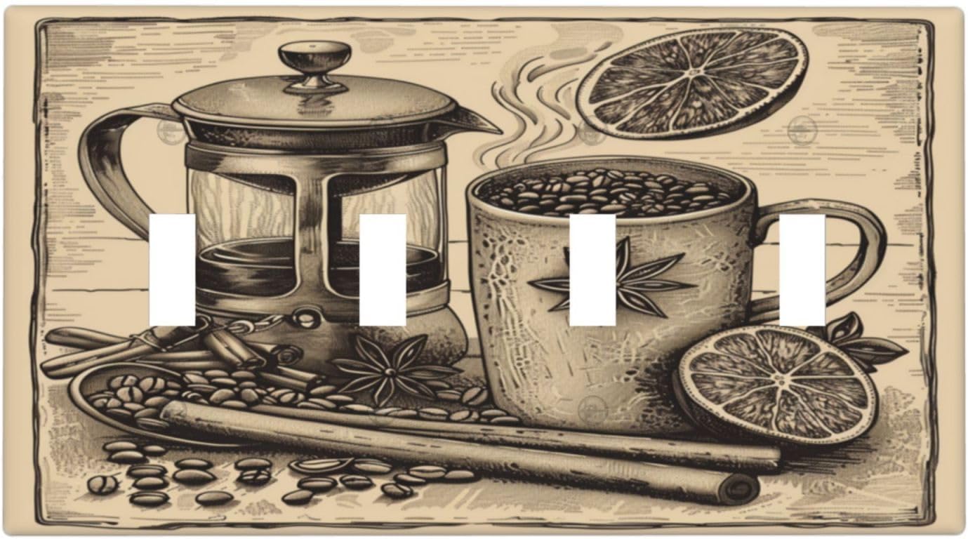 Light Switch Cover Plate Beige Vintage Rustic Coffee Beans Spice 4 Gang Quad Toggle Decorative Switch Plates Electrical Wall Plates Faceplate for Kitchen Coffee Bar Decor