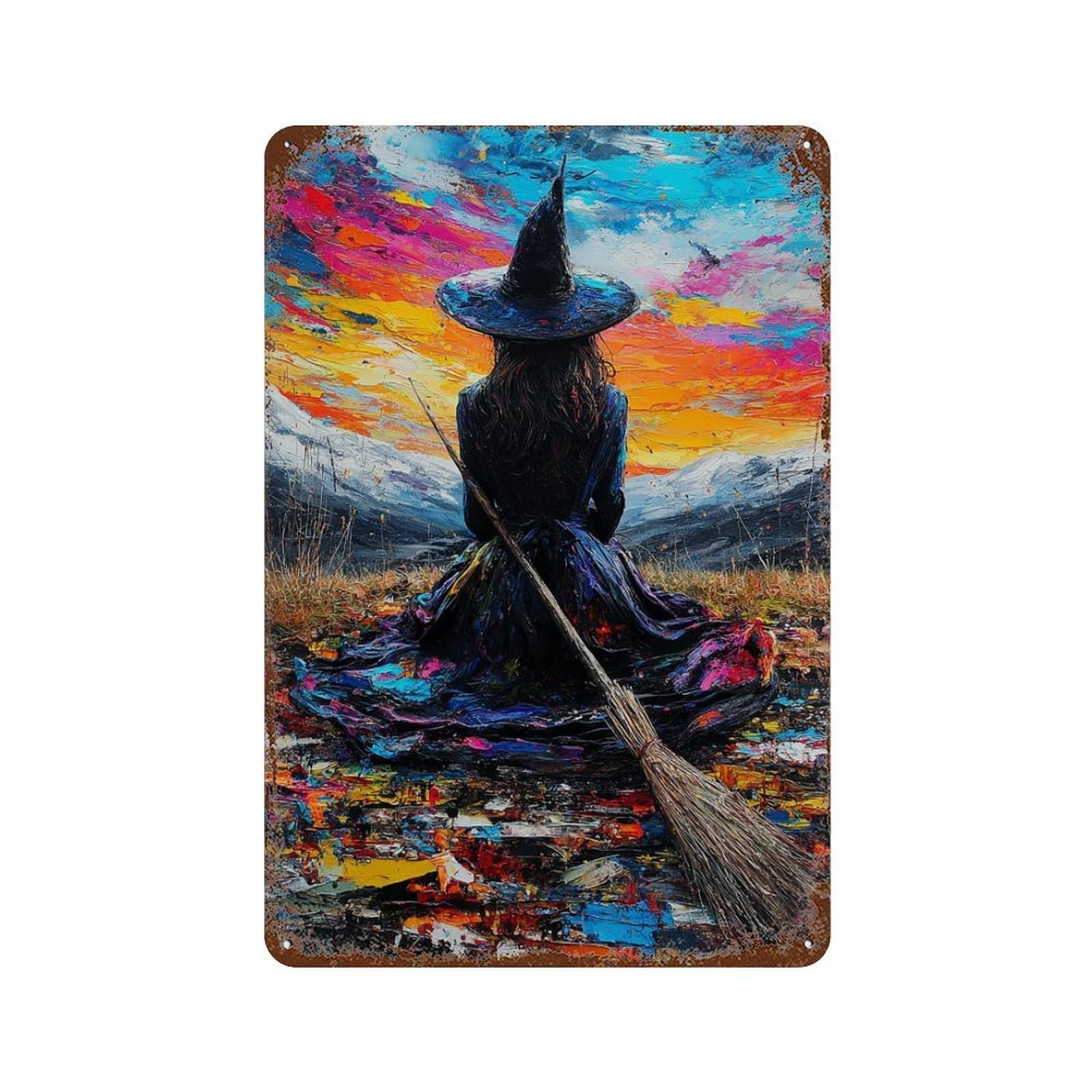 Witch Hat Broomstick Painting Artwork Decorative Tin Sign 11.8"x7.9", Ideal for Garage, Bar And Workshop Decor