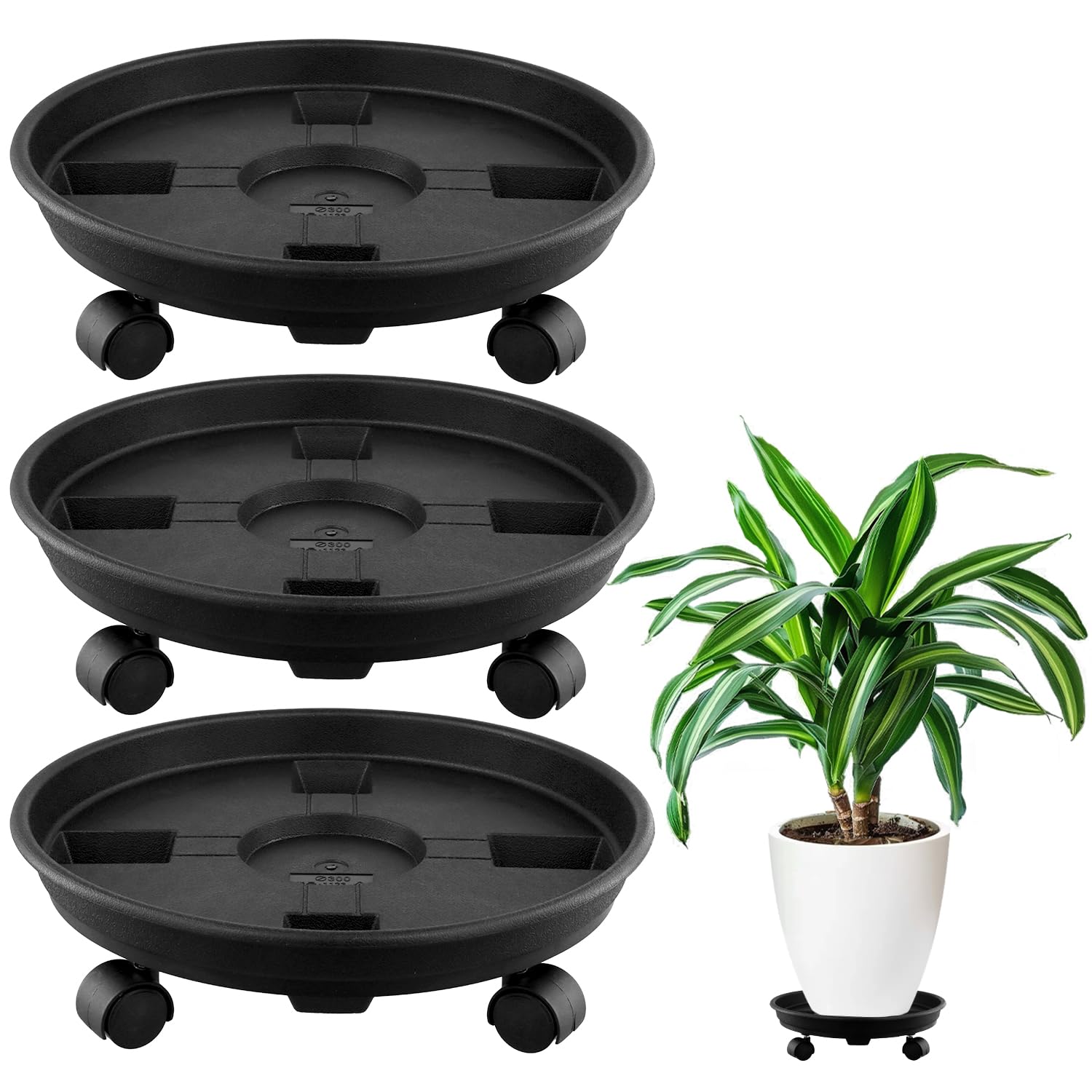 QWORK® 3 Piezas Soportes para Macetas Plástico, 30cm Soporte para Plantas con Ruedas Universales, Soporte Macetas Exterior, para Interiores y Exteriores