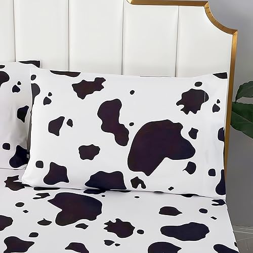 Miniatura 2 de SDY Juego de sábanas de 4 piezas, tamaño individual, con estampado de vaca, ligera, súper suave, con bolsillo profundo, bonita sábana encimera y 2