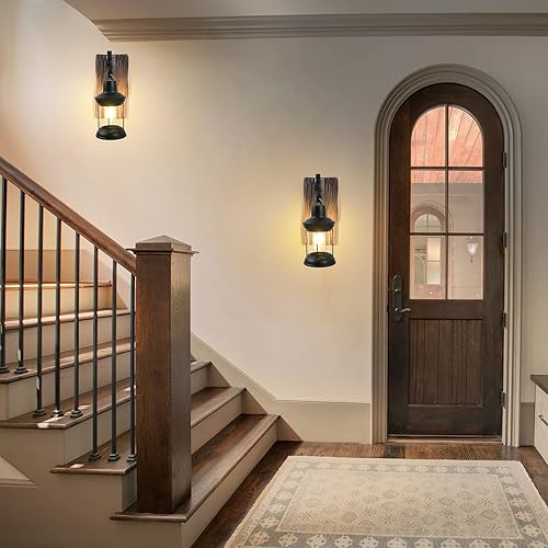 Miniatura 8 de Lámparas de pared rústicas, apliques de pared vintage, juego de 2 lámparas de pared de madera antigua de granja con iluminación montada en vidrio