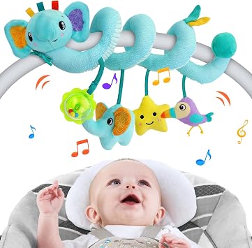 Spiral Car Seat Activity Toy, Stroller Arch Baby Crib Hanging Toy with Rattle, Squeaky, Ringing Bell for Bassinet, Stroller, Crib for Infant Newborn Boy Girl Ages 0-12 Months