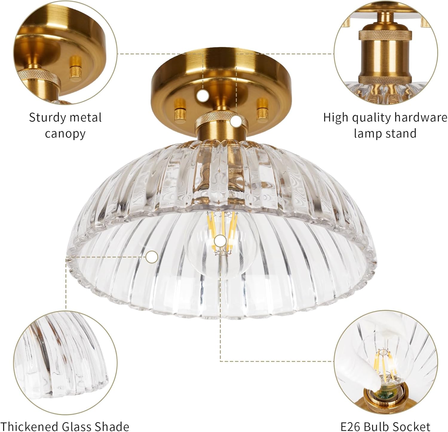JYZ Modern Chandelier Ceiling Light Fixture, Farmhouse Metal Semi Flush Mount Ceiling Light with Petal Glass Shades,Chandelier E26 Base for Kitchen Island, Entryway, Indoor Gold
