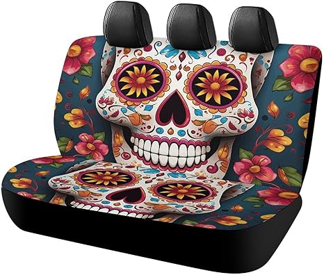 Colorful Sugar Skull Car Back Seat Covers for Most Cars, Easy Install Back Seats Vehicle Protector Anti-Slip & Durable Universal Auto Seat Cushion for Pets, Spills