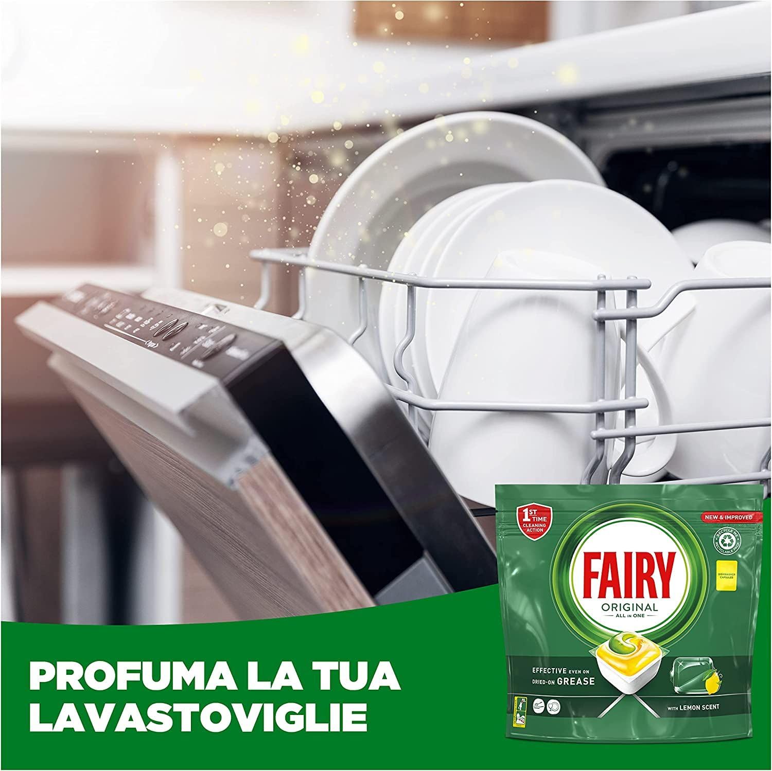 Fairy Detersivo Pastiglie Lavastoviglie, Brillantante, 155 Capsule Lavastoviglie, Original Limone, Azione Pulente Al Primo Lavaggio, Efficace Sul Grasso Incrostato Con Azione Brillante