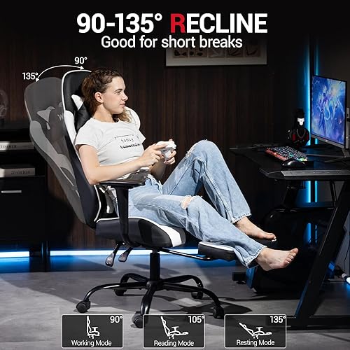 Miniatura 5 de Silla de videojuegos, silla de computadora con reposapiés y masaje, silla de piel sintética, soporte lumbar para hombres y mujeres, oficina en casa,