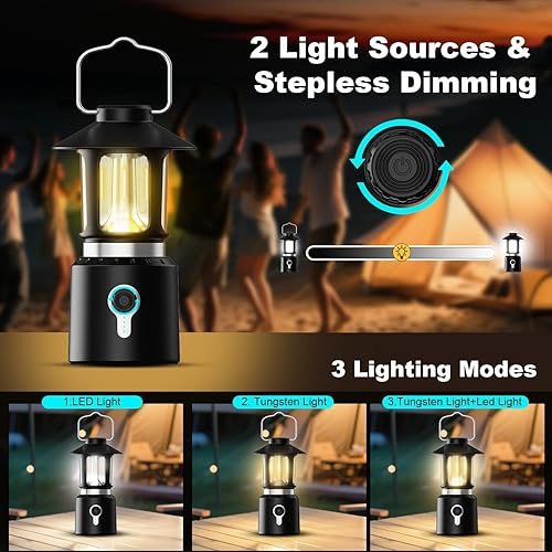 Miniatura 2 de Linterna LED telescópica para campamento, 8000 mAh, funciona con pilas, luces de campamento vintage, 3 modos de luz, luces de tienda de campaña con