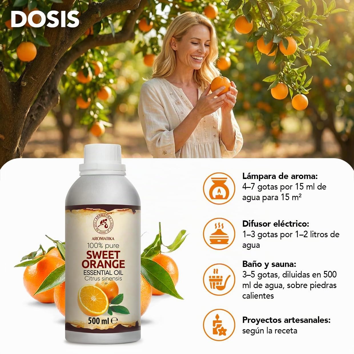 Aceite Esencial de Naranja Dulce 500 ml - Citrus Sinensis - Natural y Puro - Aceite de Naranja para Difusores - Fragancias para el Hogar - Jabones y Velas - Sauna - Aroma Cítrico - Aromaterapia