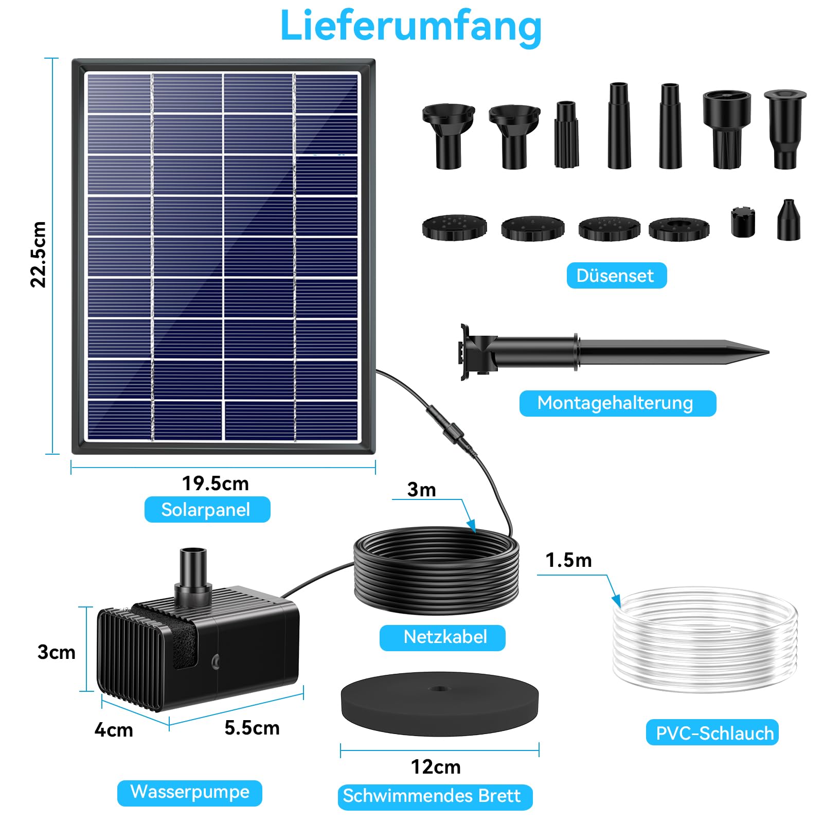 POPOSOAP Solar Springbrunnen für Außen, 6,5 W 240 L/h Solarbrunnen mit integriertem 3000 mAh Akku, Stabiler Sprühbetrieb für Gartenteich, Vogeltränke und Gartens Wasserspielereien