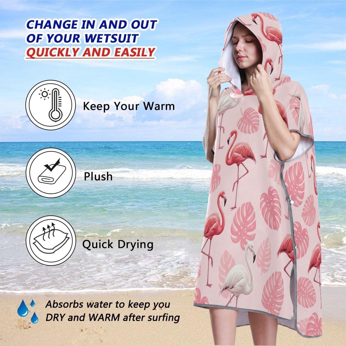 Cartoon Pink Flamingos Cute Surf Poncho for Adults Changing Robe Lightweight Womens Ponchos with Hood Hooded Beach Towel Print