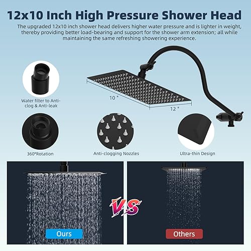 Miniatura 6 de Hibbent All Metal - Cabezal de ducha de 12 pulgadas con doble filtro, cabezal de ducha de mano de alta presión con brazo de extensión curvado