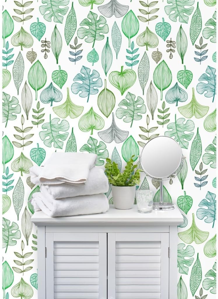Spoonflower Commercial Grade Wallpaper 27ft x 2ft - Green Leaves Pattern Plants Nature Trees Tropical Greenery Tree Leaf Spring Summer Traditional Wallpaper