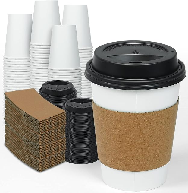 Ginkgo 100 Pack 12 oz Thickened Coffee Cups with Lids and Sleeves | Disposable To Go Paper Coffee Cups Hot Chocolate, Cocoa, Coffee Bar Accessories Supplies