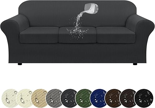 Funda para sofá 100% impermeable, juego de 4 piezas, funda de sofá a rayas para sofá de 3 cojines, con parte inferior de poliuretano termoplástico a