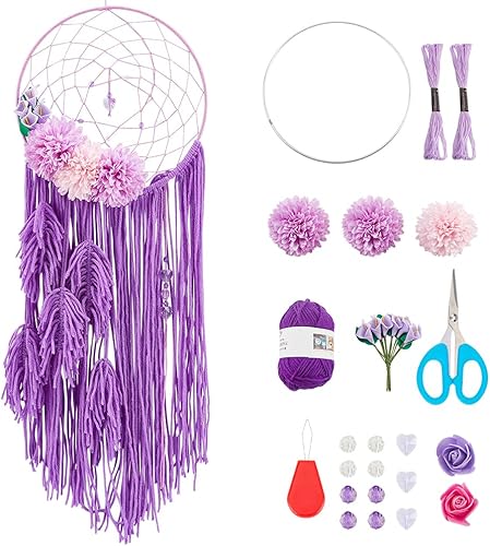 Vista 2 de INFUNLY Kit para hacer atrapasueños de bricolaje, atrapasueños hecho a mano con flores artificiales, cinta de borla morada, ocasión de boda