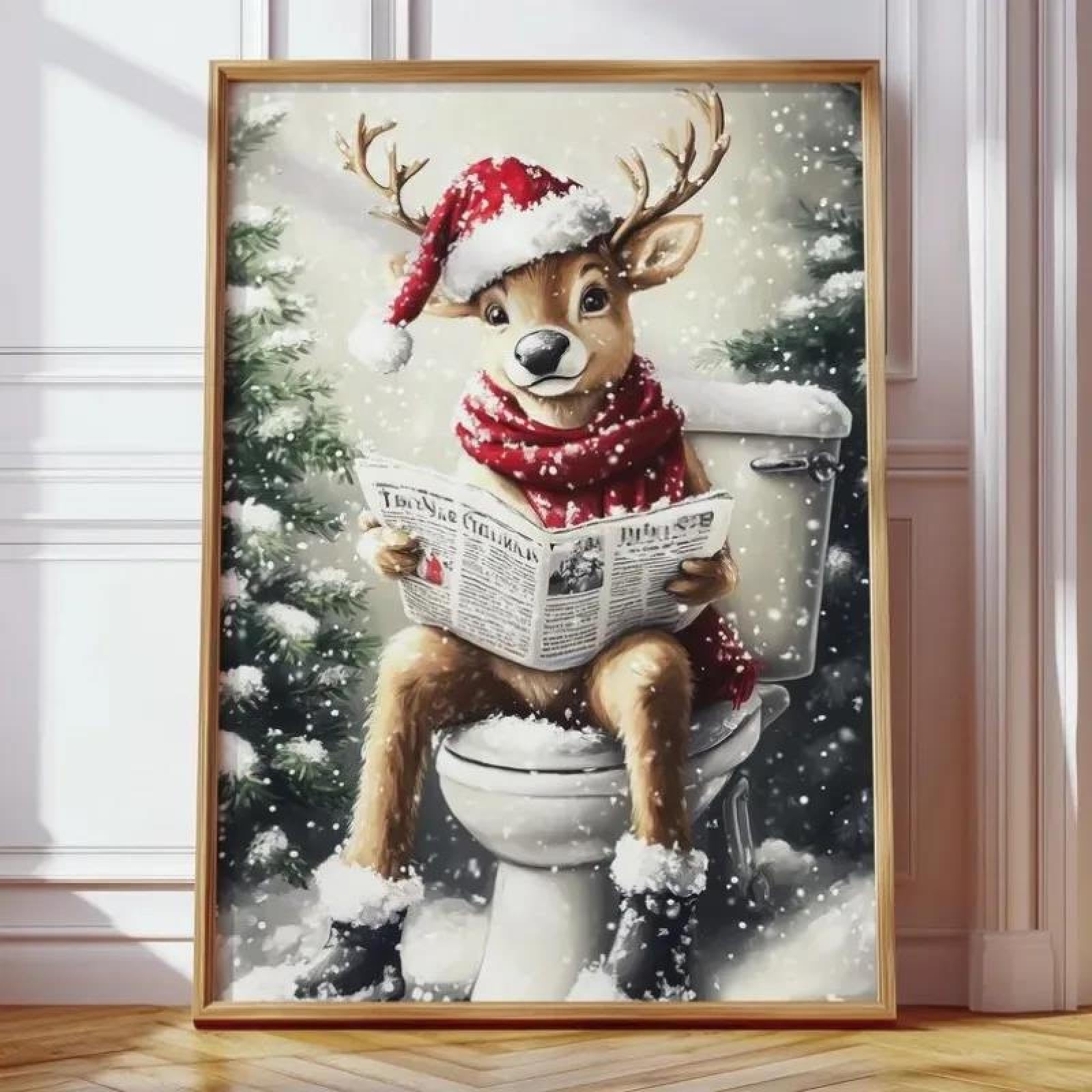 Baibexing Reindeer On The Toilet, Funny Christmas Wall Art, Bathroom Wall Art, Toilet Wall Art, Trendy Christmas Printable Wall Decor 40X60Cm Unframed