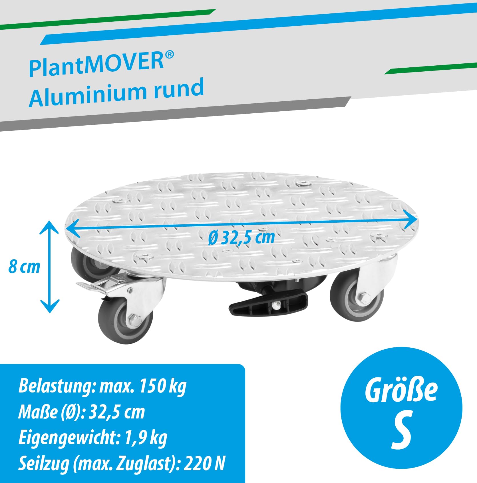 PlantMOVER Pflanzenroller mit Seilzug - 150kg Tragkraft 32,5cm rund - mit robusten Rollen - aus Aluminium-Riffelblech für besten Grip - Rollbrett für Pflanzen - Einfach ziehen Made in Germany
