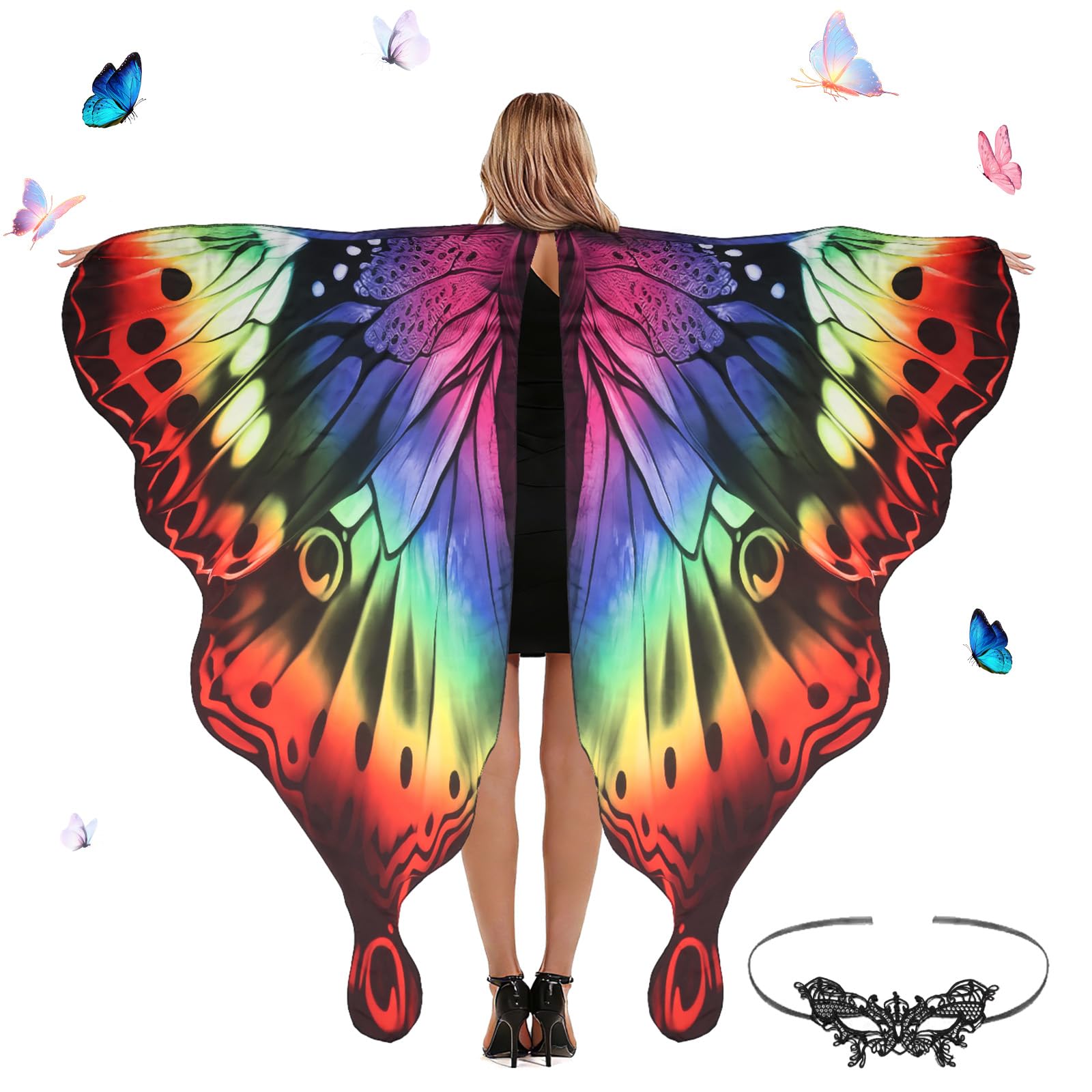 Plliocse Butterfly Wings Costume with Headband Mask Set, Adults Fairy Wings, Butterfly Cape, Halloween Costumes for Women,Party Dress Up Photo Prop (Large Color)
