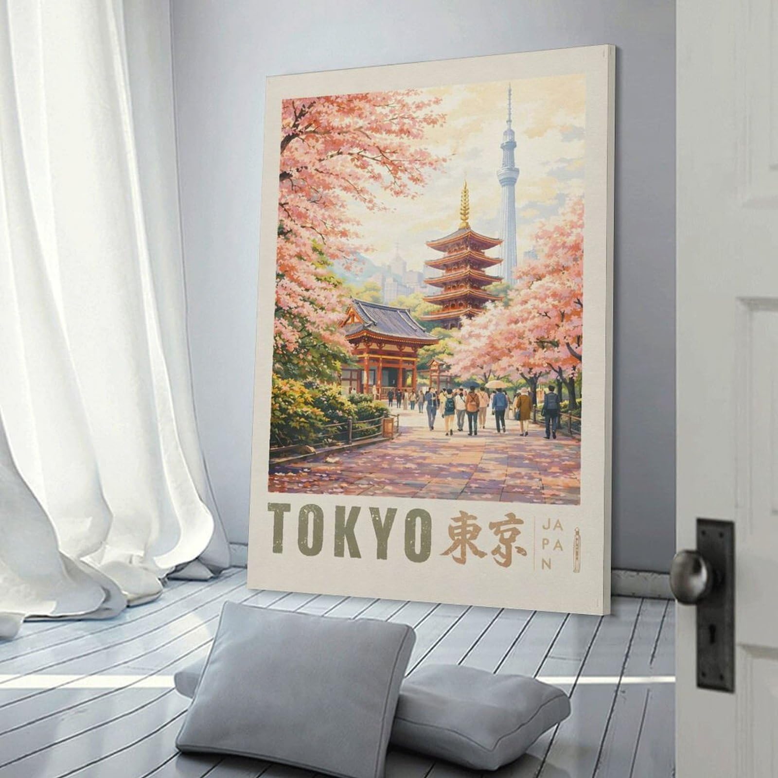 Junmoney Tokyo Cherry Blossoms And Pagoda Decorative Wall Artwork 08x12inch(20x30cm), for Home Lounge, Bedroom Or Reading Nook, Modern Wall Decor for Cosy Interiors